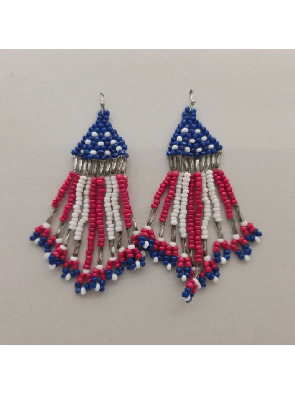 Patriotic Earrings Red White & Blue Beaded Dangle 3"